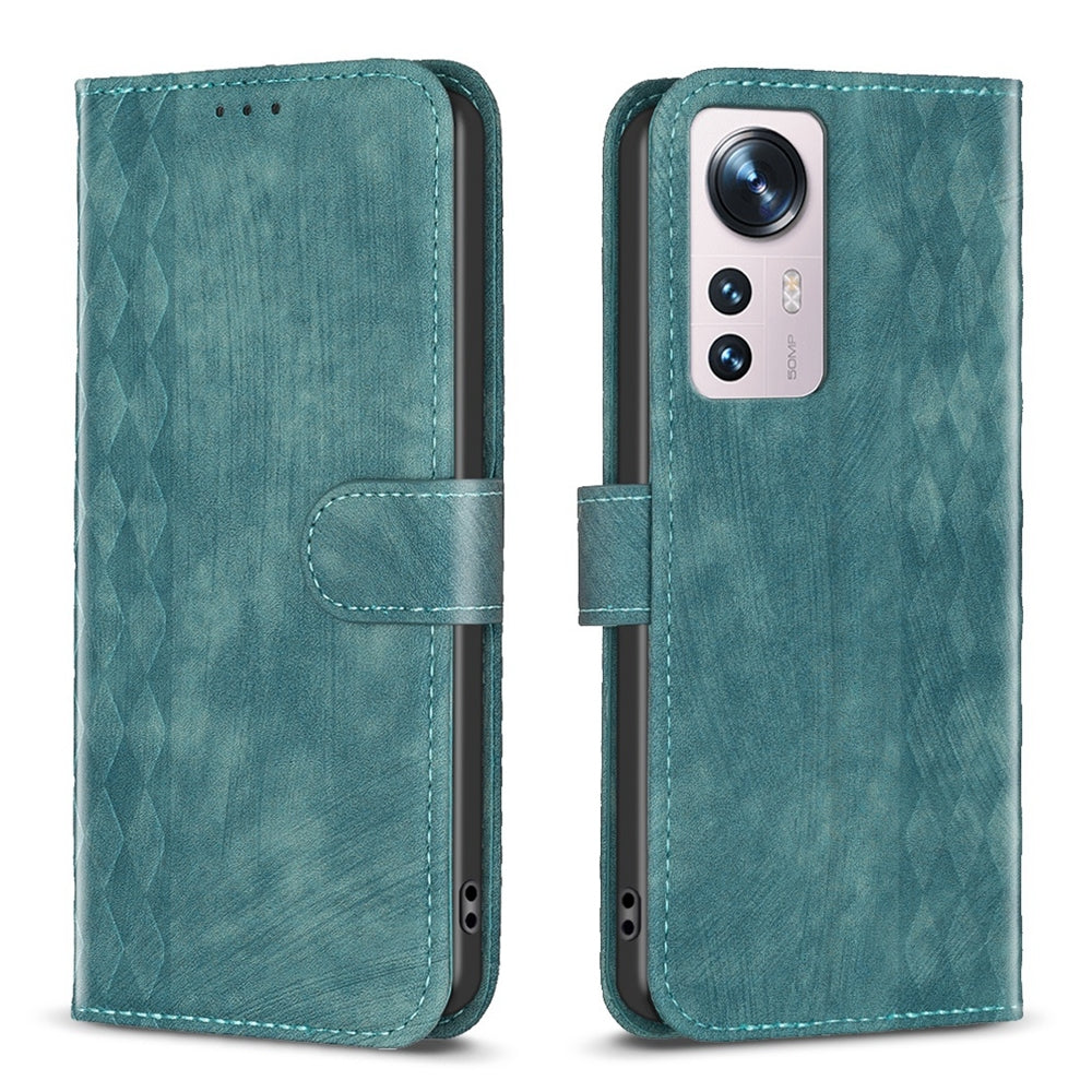 For Xiaomi 12 Case - Embossed Plaid Leather Wallet Cover with Card Slots, Kickstand, and 360 degree Protection