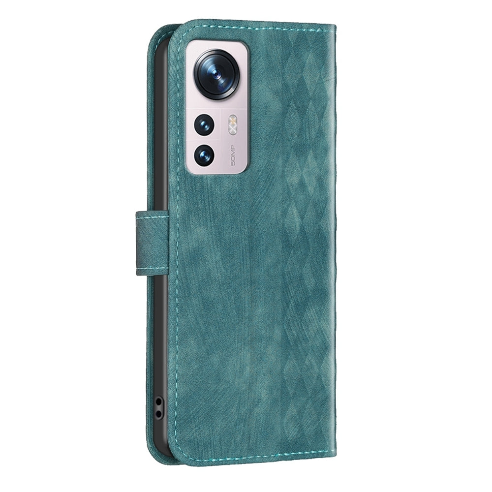 For Xiaomi 12 Case - Embossed Plaid Leather Wallet Cover with Card Slots, Kickstand, and 360 degree Protection