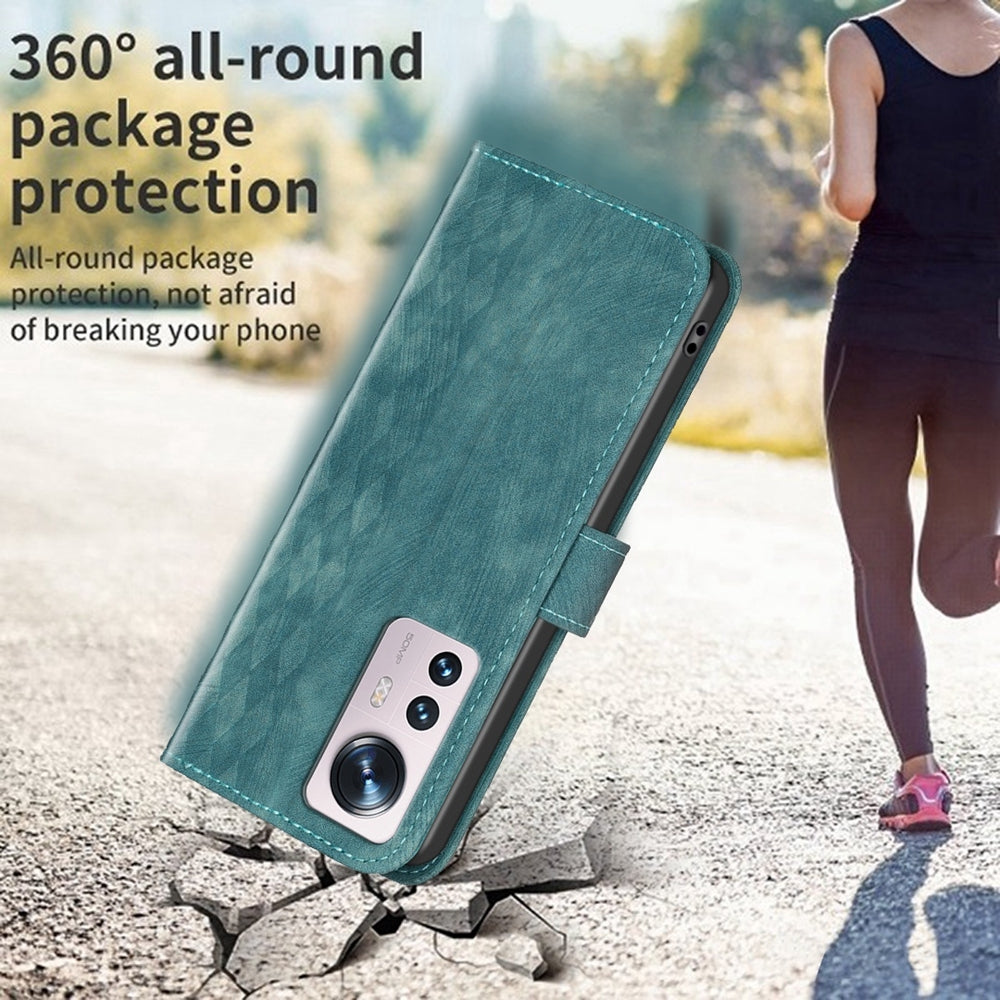 For Xiaomi 12 Case - Embossed Plaid Leather Wallet Cover with Card Slots, Kickstand, and 360 degree Protection