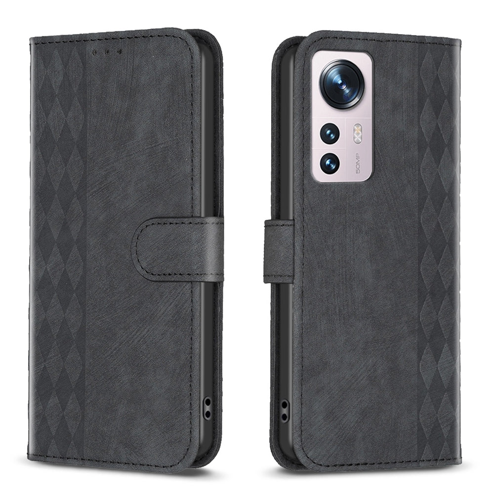 For Xiaomi 12 Case - Embossed Plaid Leather Wallet Cover with Card Slots, Kickstand, and 360 degree Protection