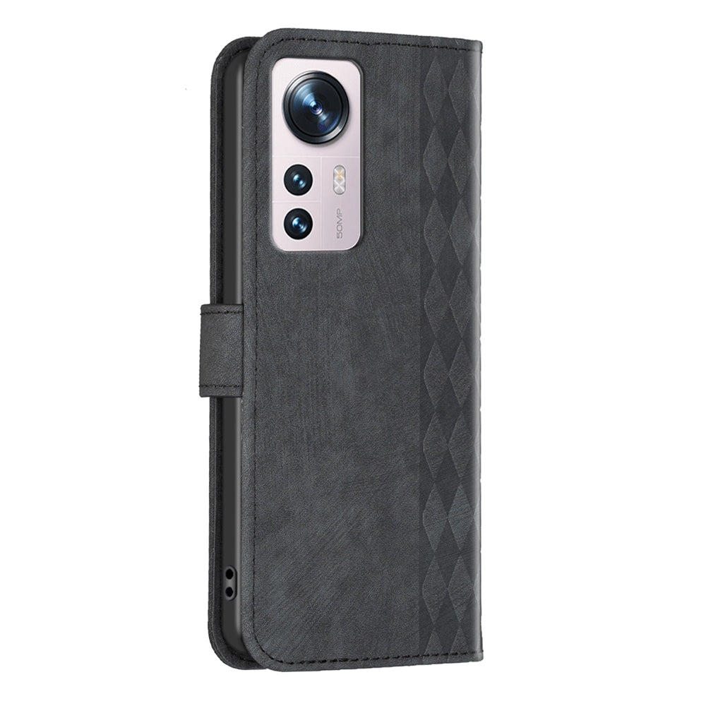 For Xiaomi 12 Case - Embossed Plaid Leather Wallet Cover with Card Slots, Kickstand, and 360 degree Protection
