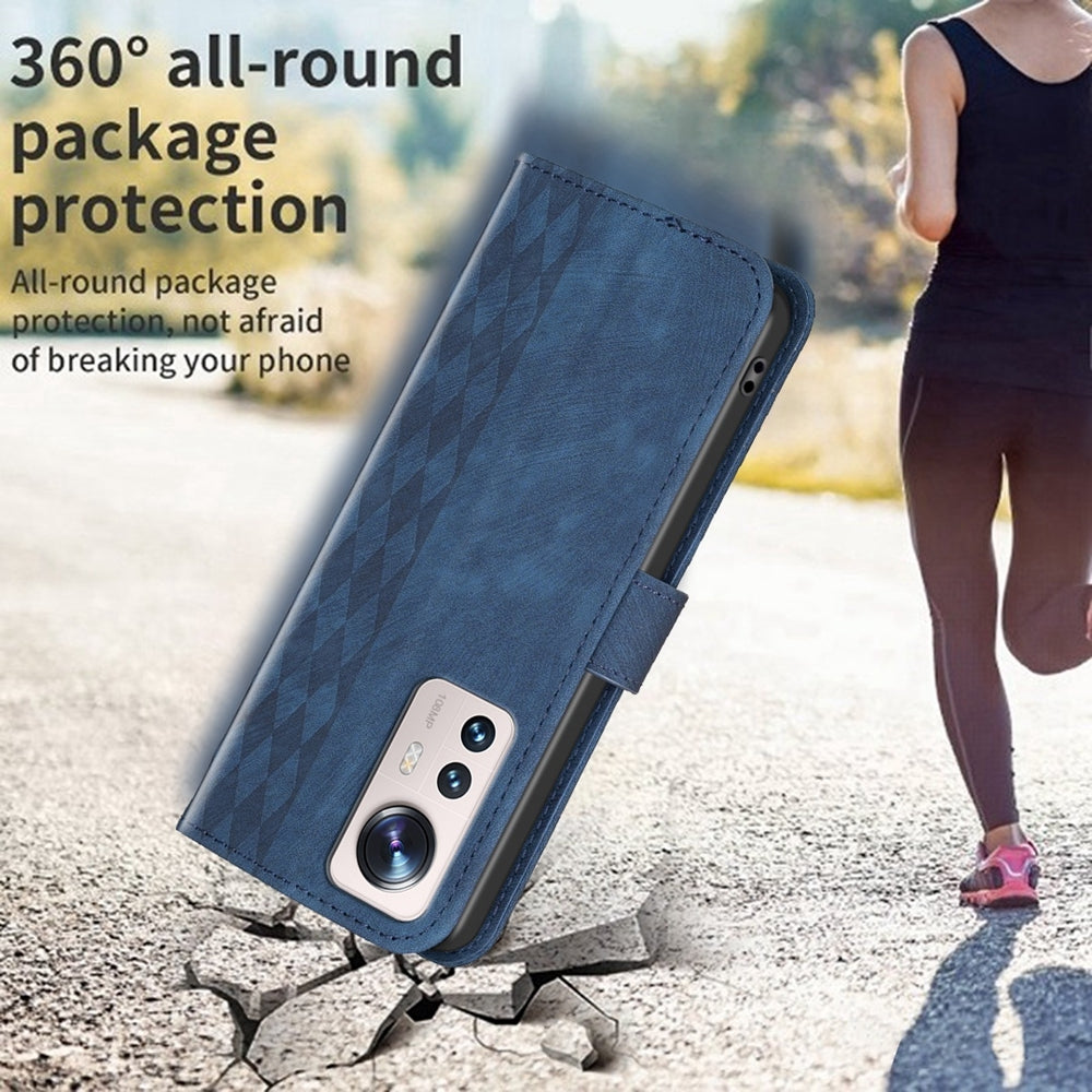 For Xiaomi 12 Lite Case - Embossed Plaid Leather Wallet Cover with Card Slots, Kickstand, and 360 degree Protection