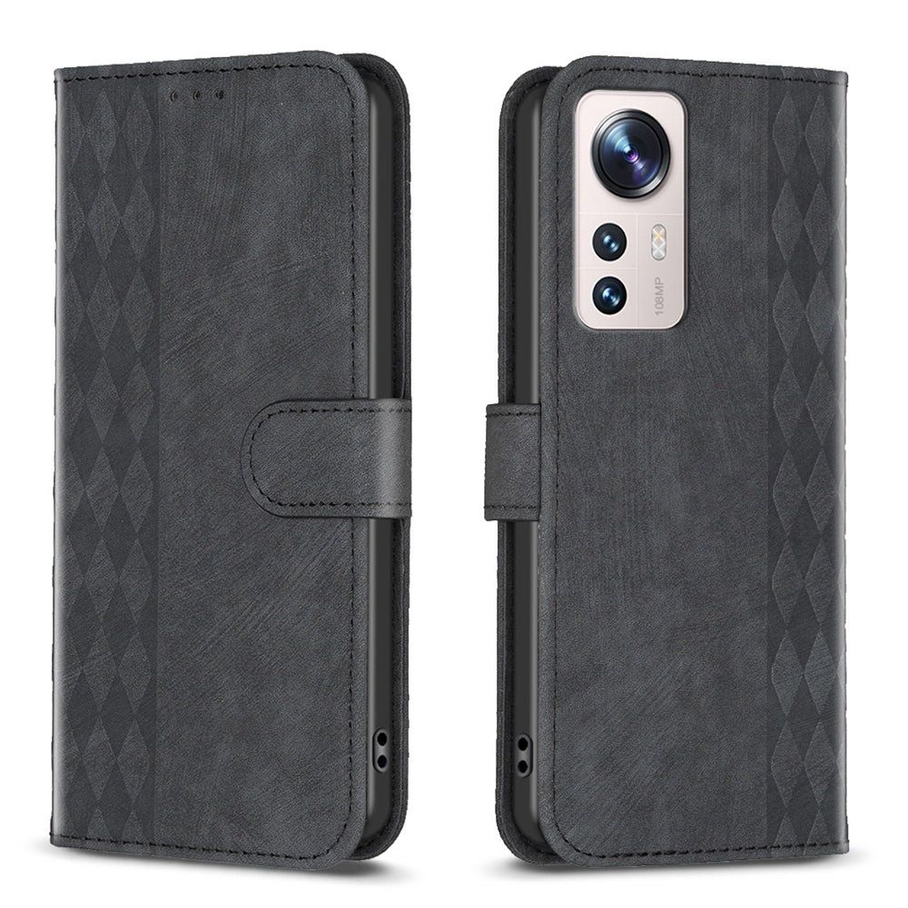 For Xiaomi 12 Lite Case - Embossed Plaid Leather Wallet Cover with Card Slots, Kickstand, and 360 degree Protection