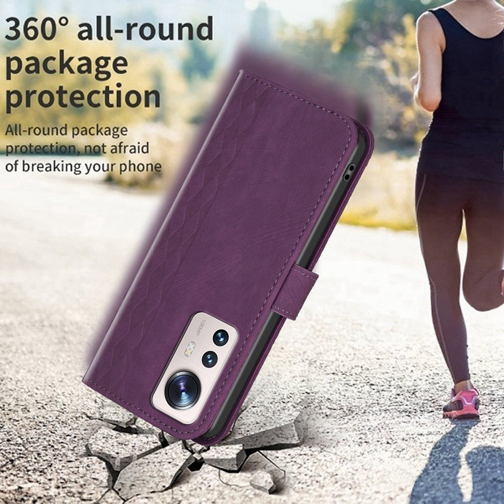 For Xiaomi 12 Lite Case - Embossed Plaid Leather Wallet Cover with Card Slots, Kickstand, and 360 degree Protection