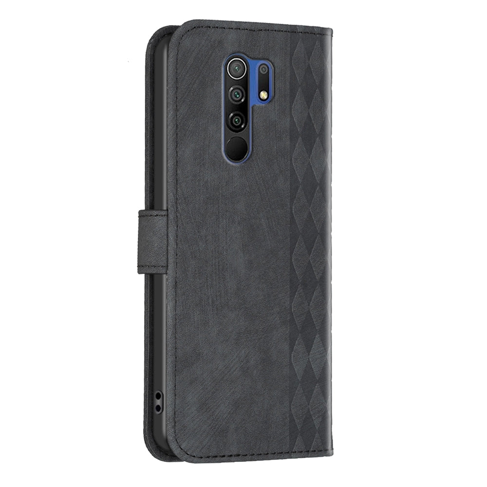 Xiaomi Redmi 9 Case - Embossed Plaid Leather Wallet Cover with Card Slots, Kickstand, and 360 degree Protection