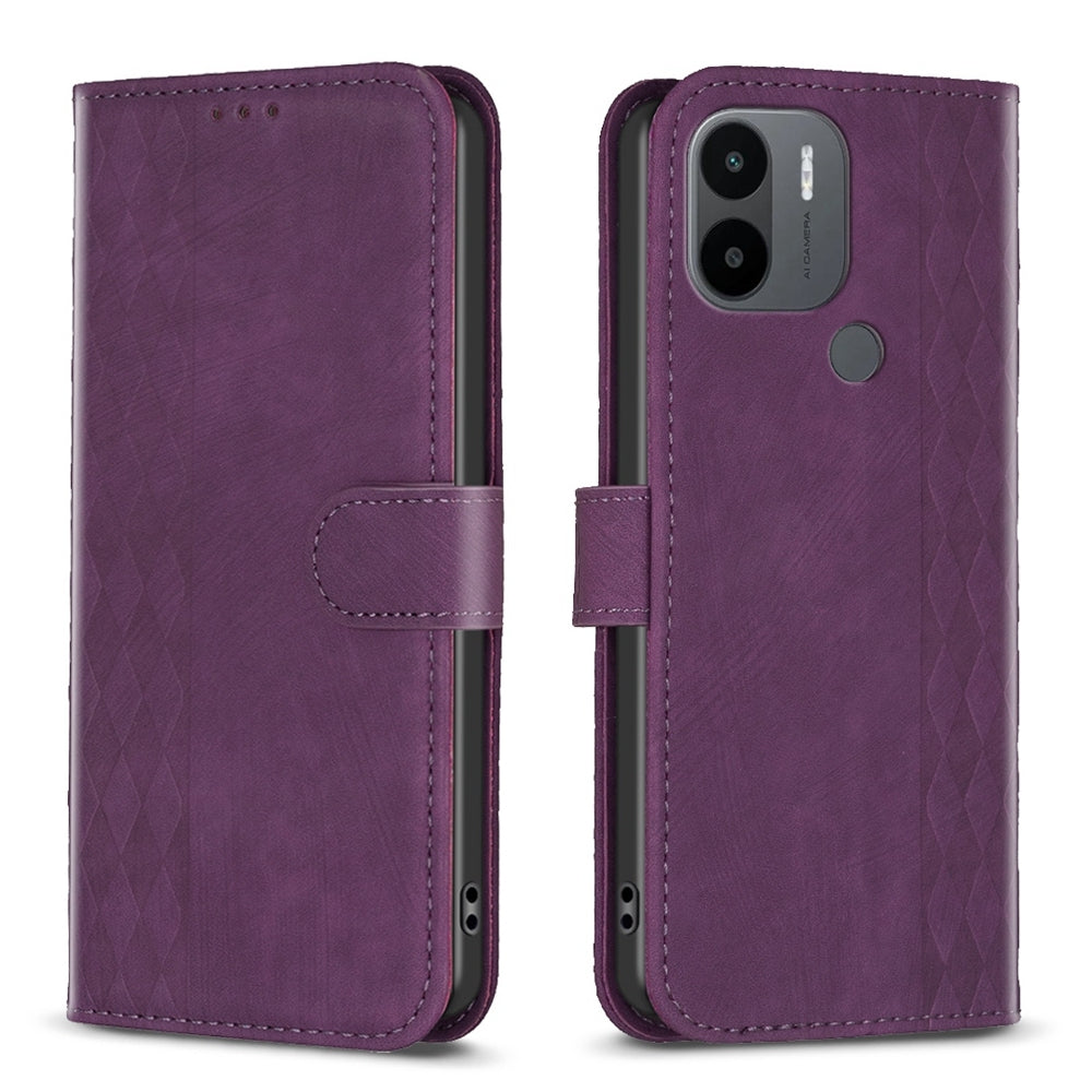 Xiaomi Redmi A1+ Case - Embossed Plaid Leather Wallet Cover with Card Slots, Kickstand, and 360 degree Protection