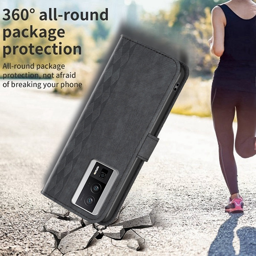 Xiaomi Redmi K60 Pro Case - Embossed Plaid Leather Wallet Cover with Card Slots, Kickstand, and 360 degree Protection