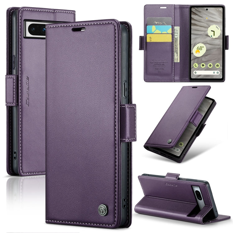For Google Pixel 7a Leather Case - RFID Anti-theft Litchi Texture with Butterfly Buckle, Card Slot & Stand