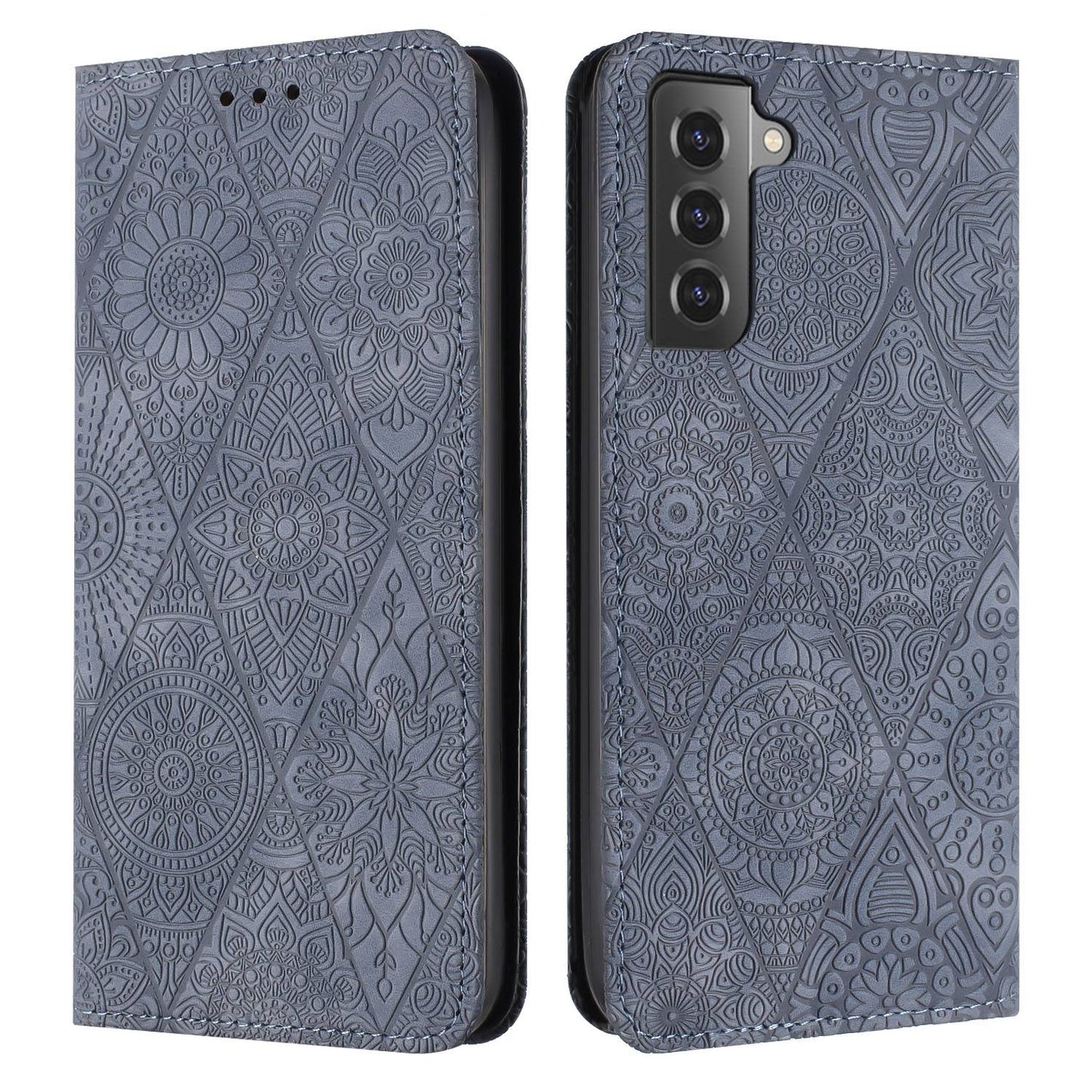 For Samsung Galaxy S22 5G Embossed Leather Case with Card Holder & Stand