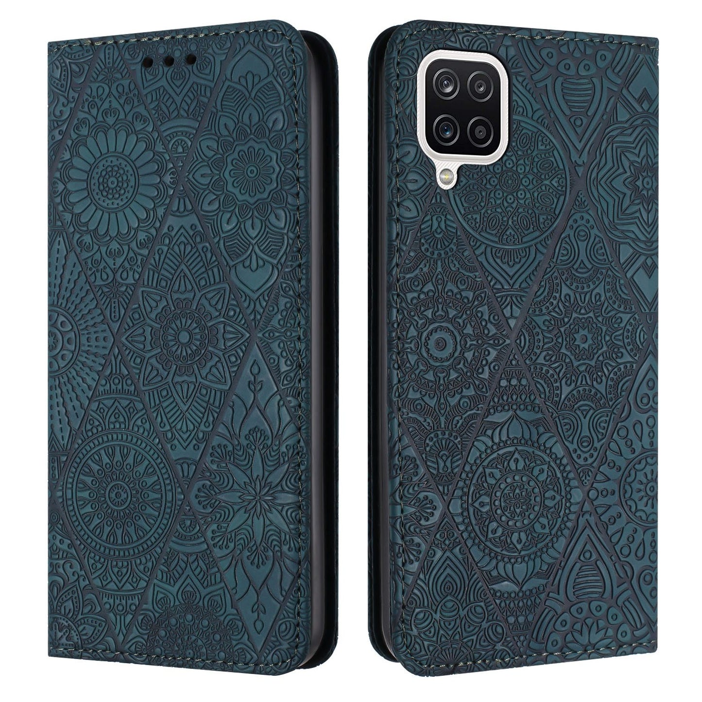 For Samsung Galaxy A12 5G Embossed Leather Case with Card Holder & Stand