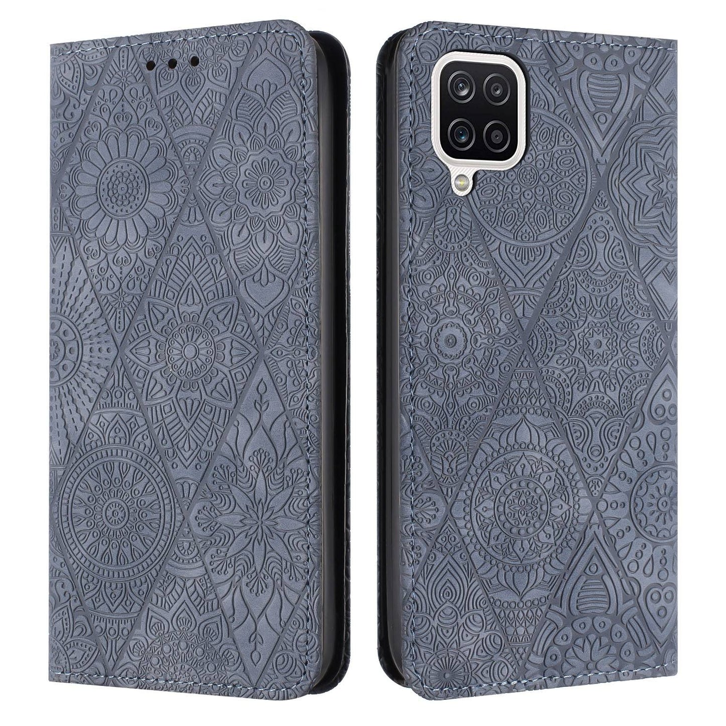 For Samsung Galaxy A12 5G Embossed Leather Case with Card Holder & Stand