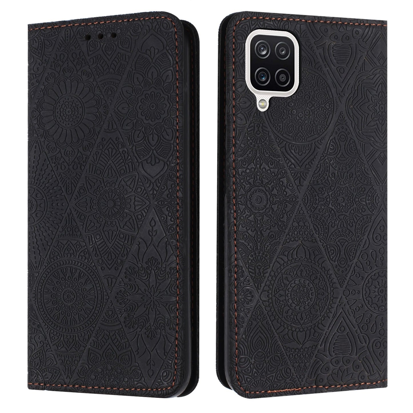 For Samsung Galaxy A12 5G Embossed Leather Case with Card Holder & Stand