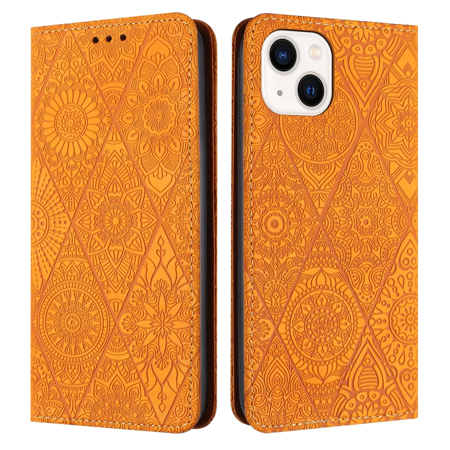 For iPhone 15 Plus Ethnic Embossed Adsorption Leather Phone Case