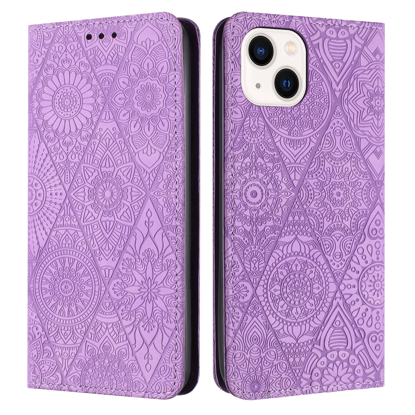 For iPhone 15 Plus Ethnic Embossed Adsorption Leather Phone Case