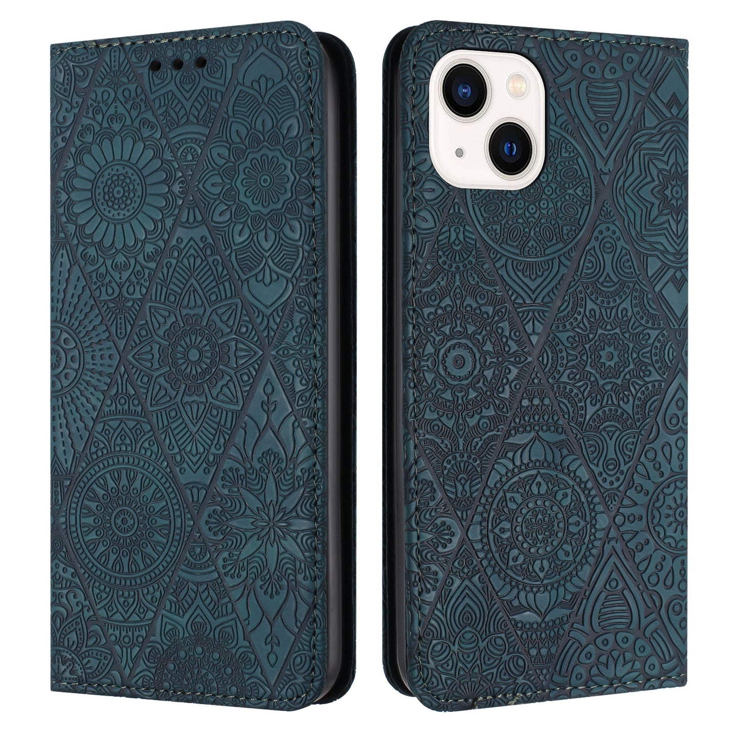 For iPhone 15 Plus Ethnic Embossed Adsorption Leather Phone Case