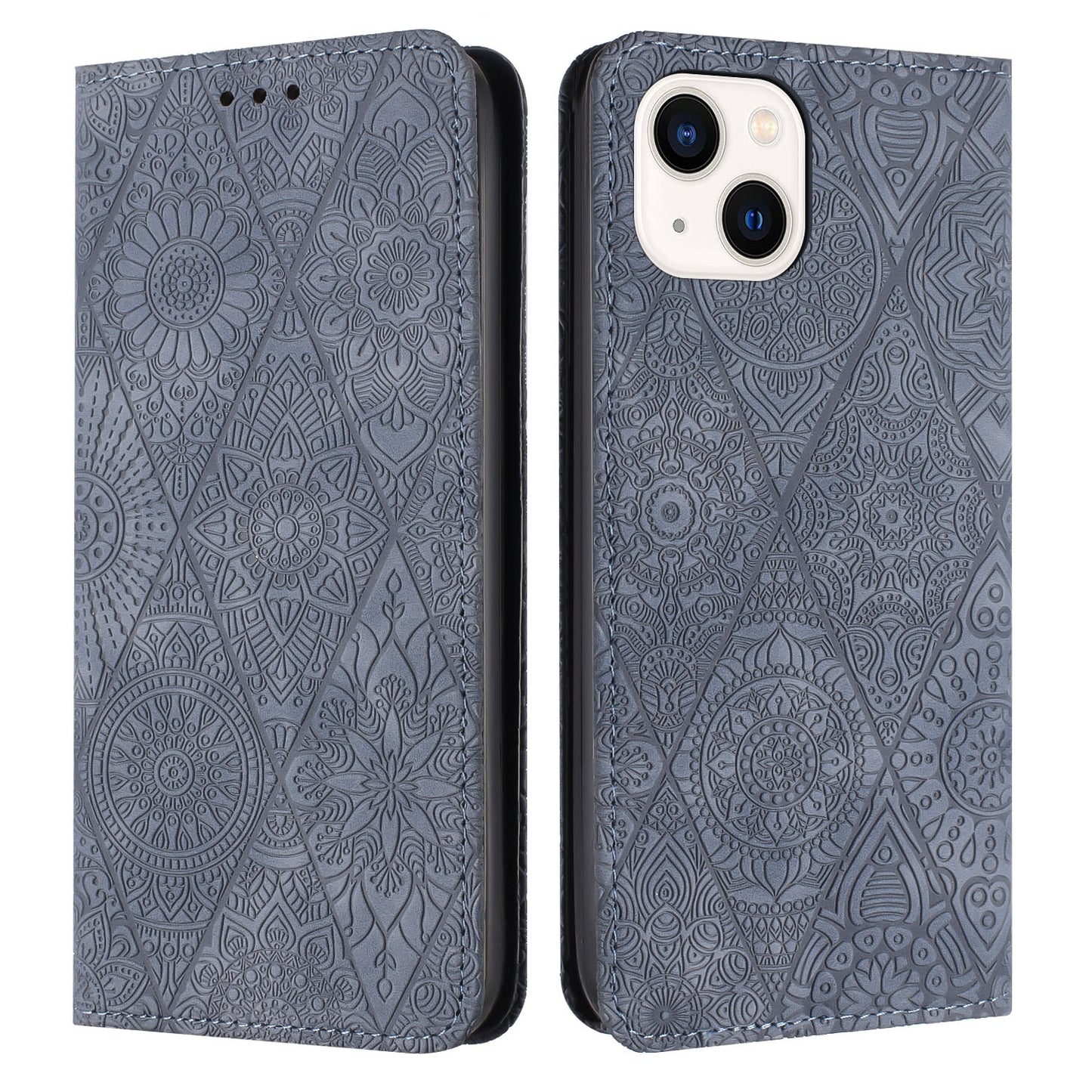 For iPhone 15 Plus Ethnic Embossed Adsorption Leather Phone Case
