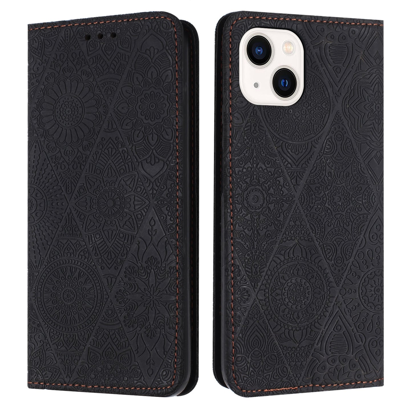 For iPhone 15 Plus Ethnic Embossed Adsorption Leather Phone Case