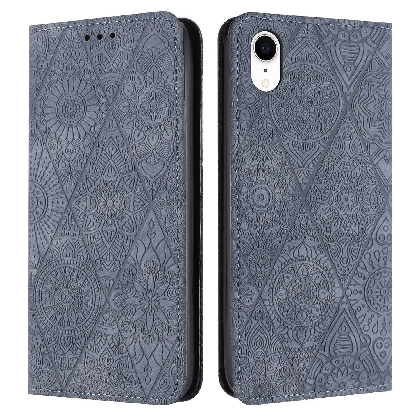 For iPhone XR Ethnic Embossed Adsorption Leather Phone Case