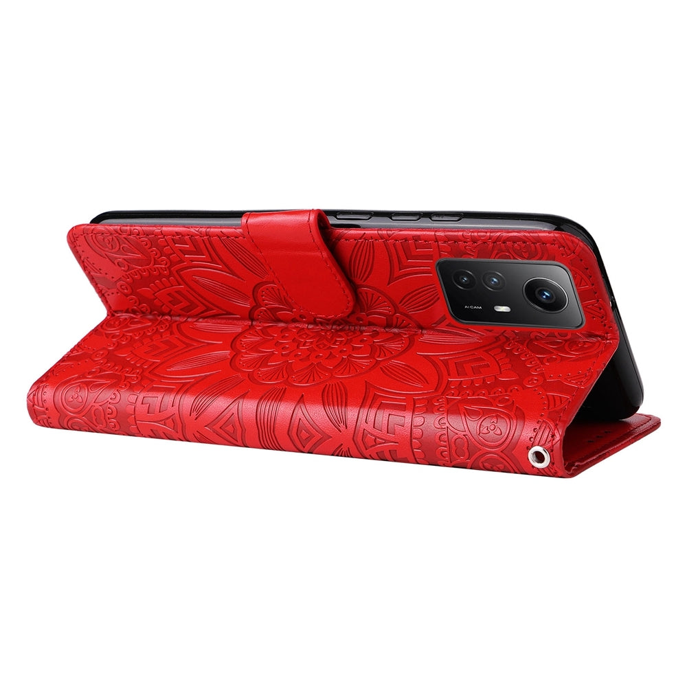 Xiaomi Redmi Note 12S 4G Sunflower Embossed Leather Wallet Phone Case with Kickstand and Card Holder