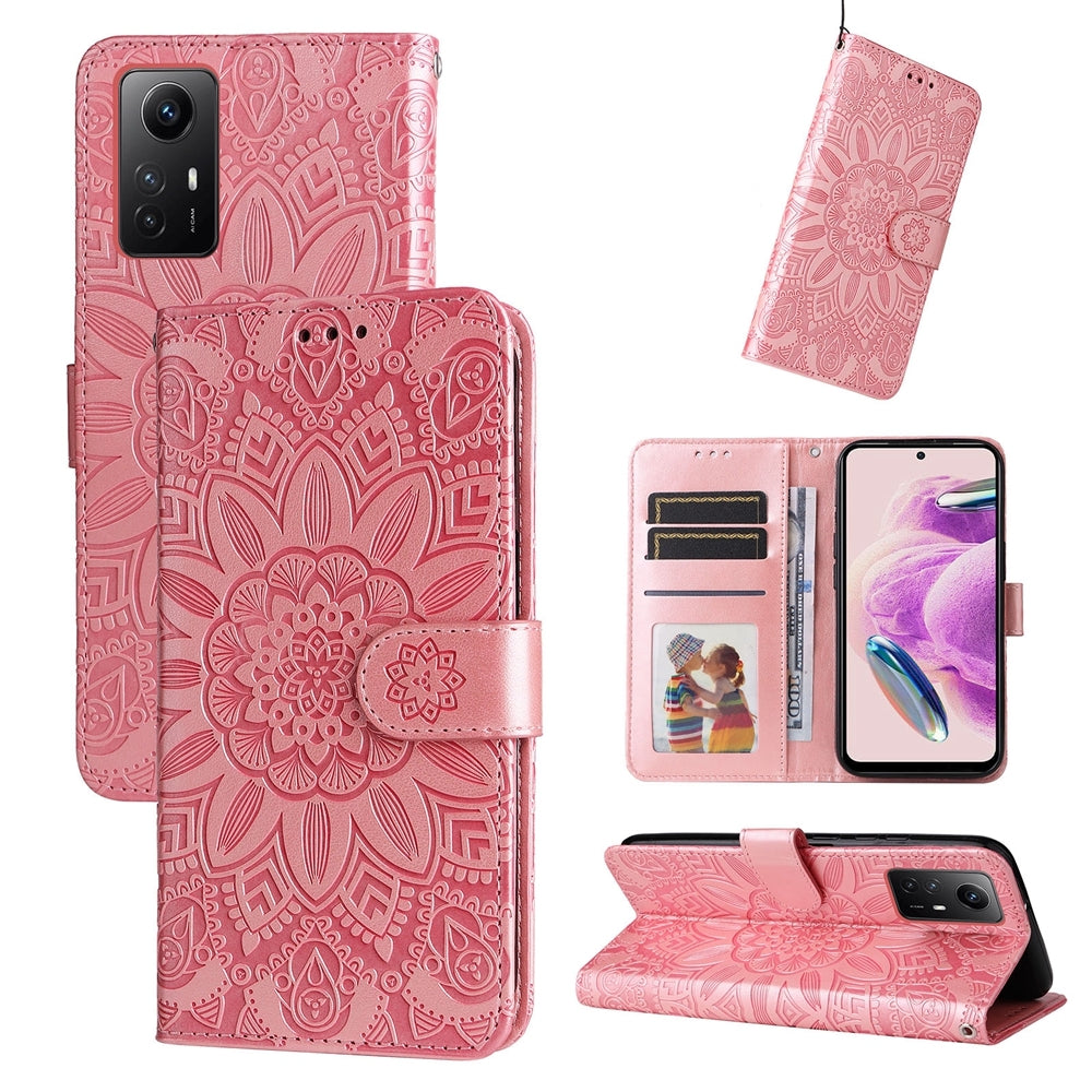 Xiaomi Redmi Note 12S 4G Sunflower Embossed Leather Wallet Phone Case with Kickstand and Card Holder
