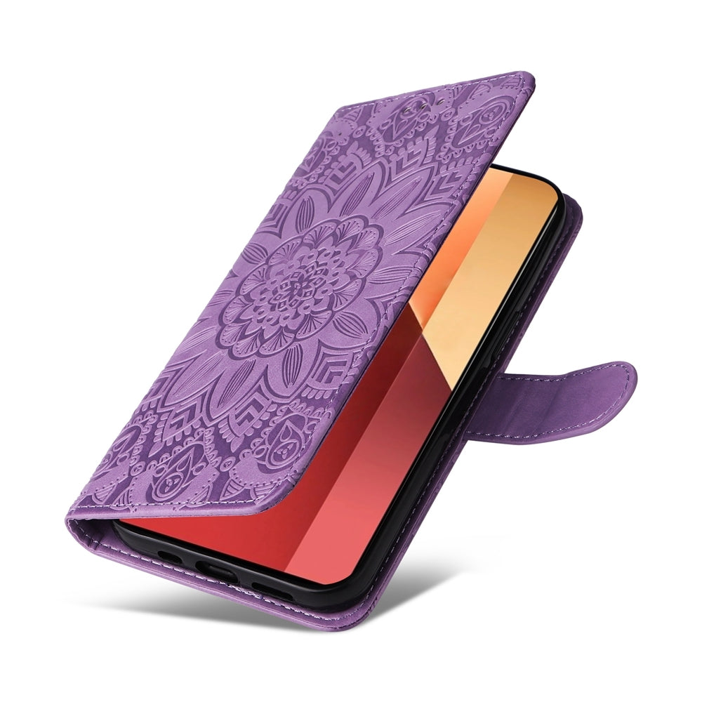 Xiaomi Redmi Note 13 Pro 4G Global Sunflower Embossed Leather Wallet Phone Case with Kickstand and Card Holder
