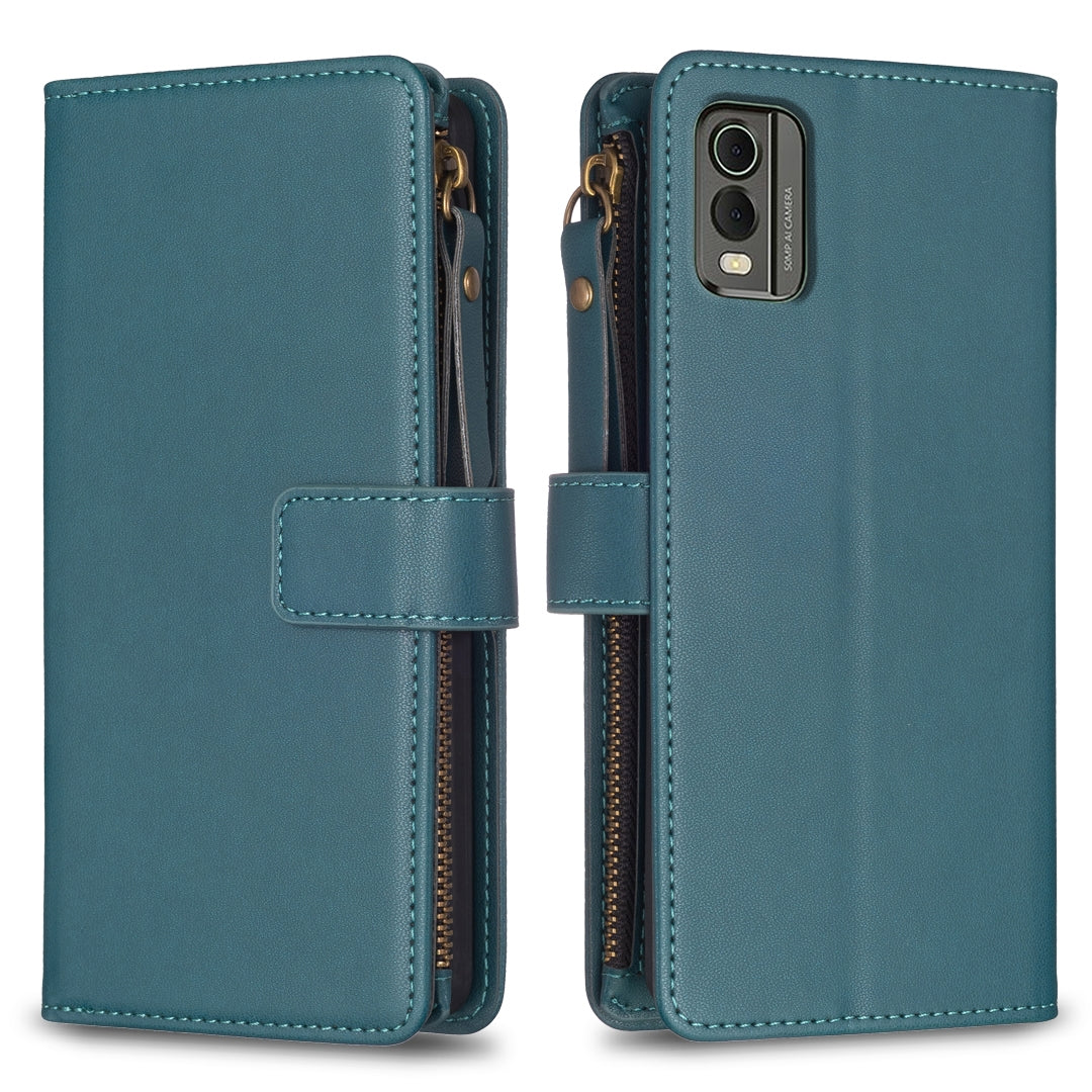 For Nokia C32 Leather Flip Phone Case with Zipper Wallet and 9 Card Slots, Durable PU + TPU Material