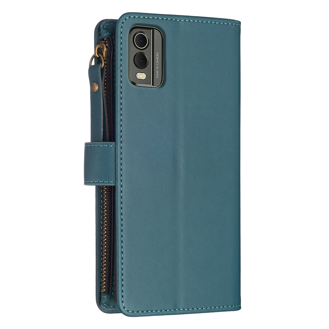 For Nokia C32 Leather Flip Phone Case with Zipper Wallet and 9 Card Slots, Durable PU + TPU Material