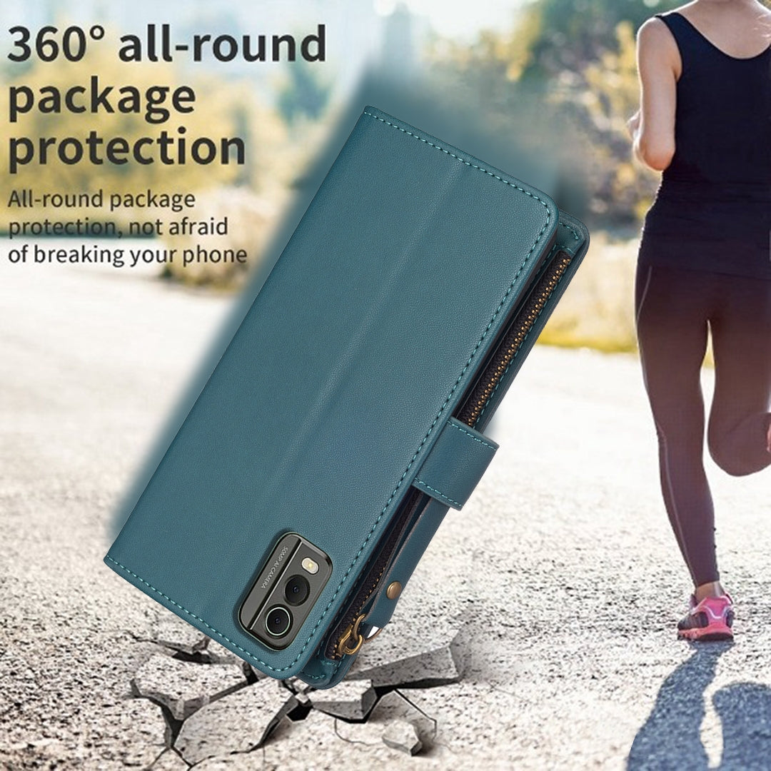 For Nokia C32 Leather Flip Phone Case with Zipper Wallet and 9 Card Slots, Durable PU + TPU Material