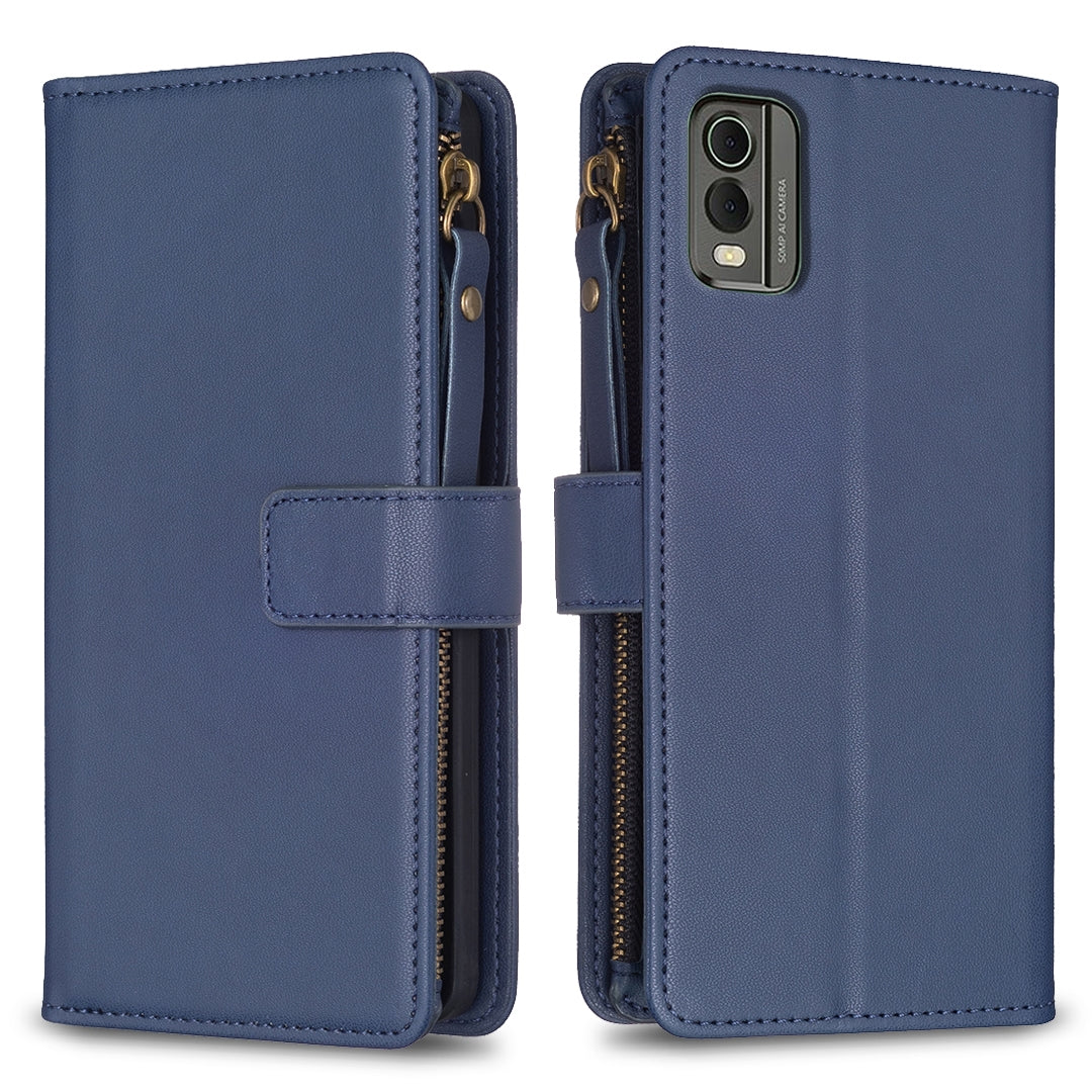 For Nokia C32 Leather Flip Phone Case with Zipper Wallet and 9 Card Slots, Durable PU + TPU Material