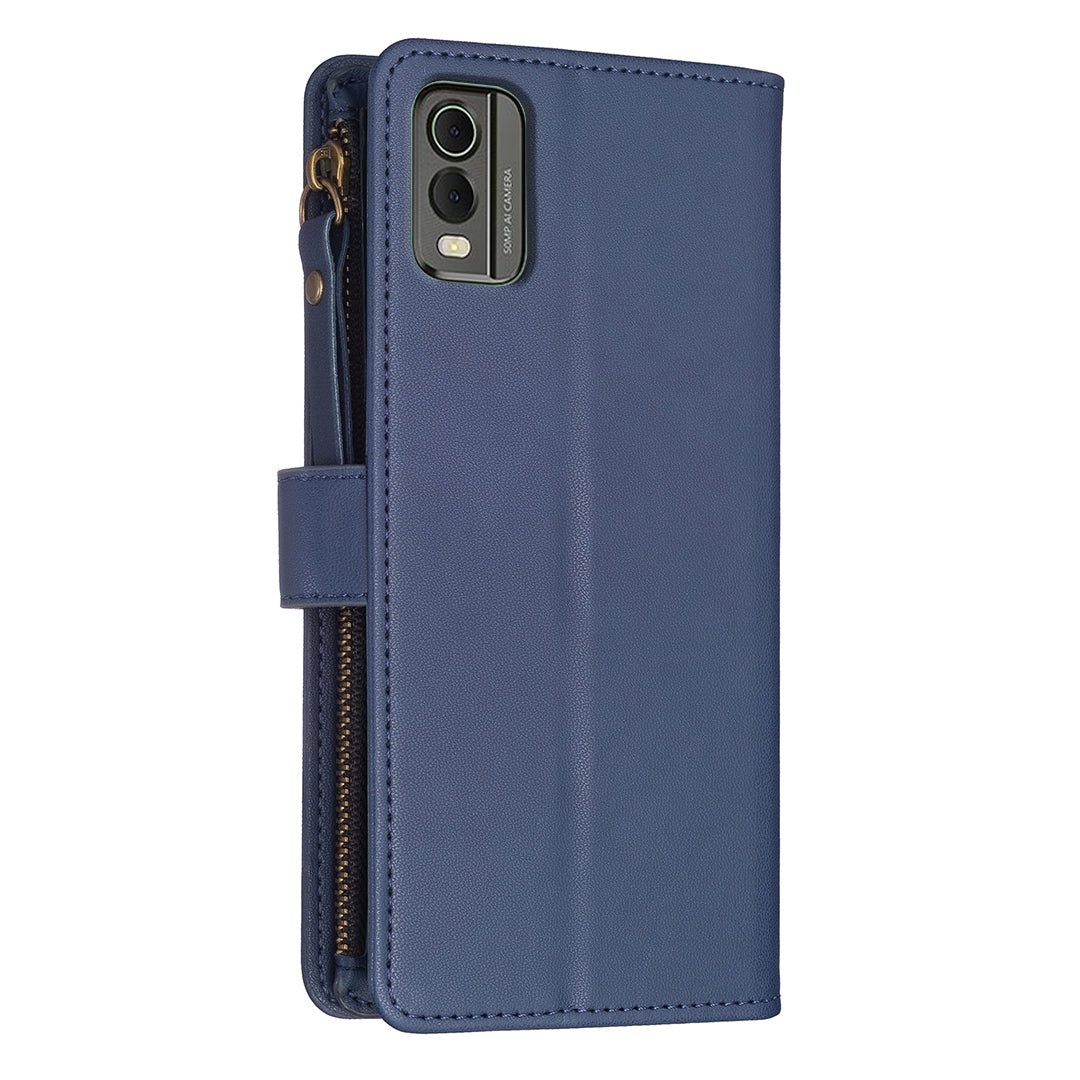 For Nokia C32 Leather Flip Phone Case with Zipper Wallet and 9 Card Slots, Durable PU + TPU Material