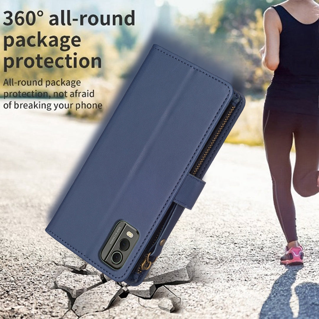 For Nokia C32 Leather Flip Phone Case with Zipper Wallet and 9 Card Slots, Durable PU + TPU Material