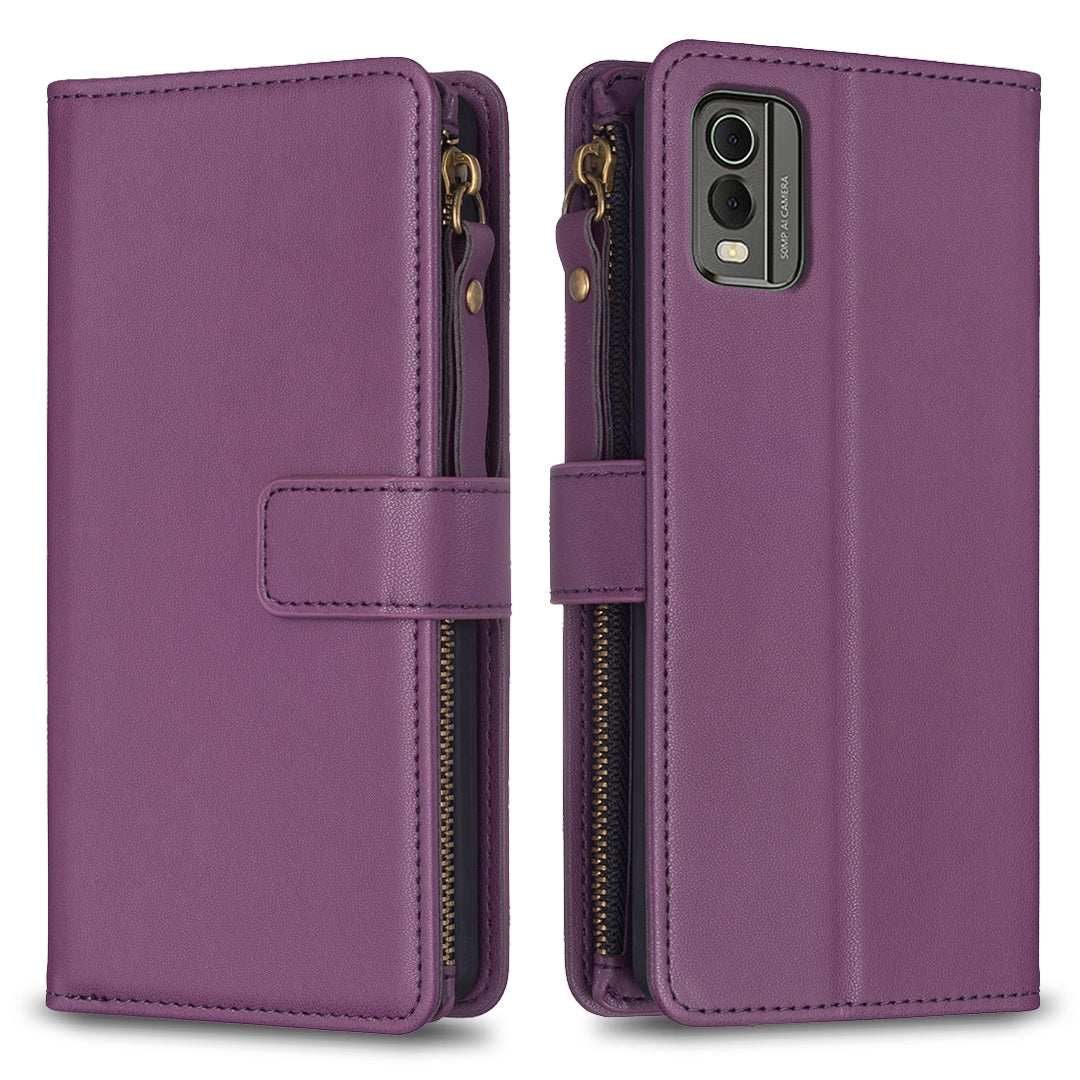 For Nokia C32 Leather Flip Phone Case with Zipper Wallet and 9 Card Slots, Durable PU + TPU Material