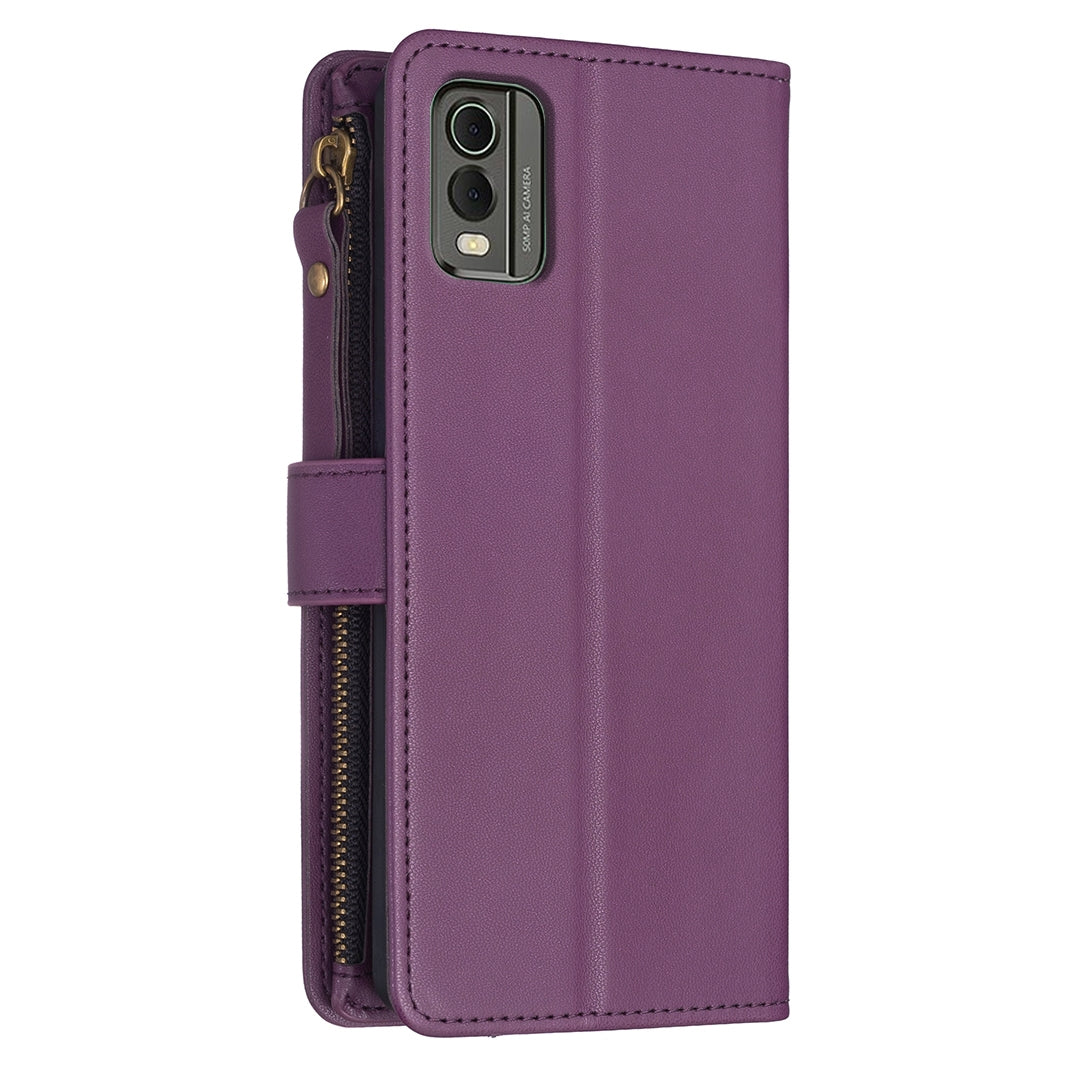 For Nokia C32 Leather Flip Phone Case with Zipper Wallet and 9 Card Slots, Durable PU + TPU Material