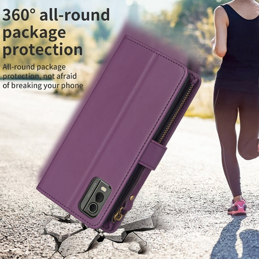 For Nokia C32 Leather Flip Phone Case with Zipper Wallet and 9 Card Slots, Durable PU + TPU Material