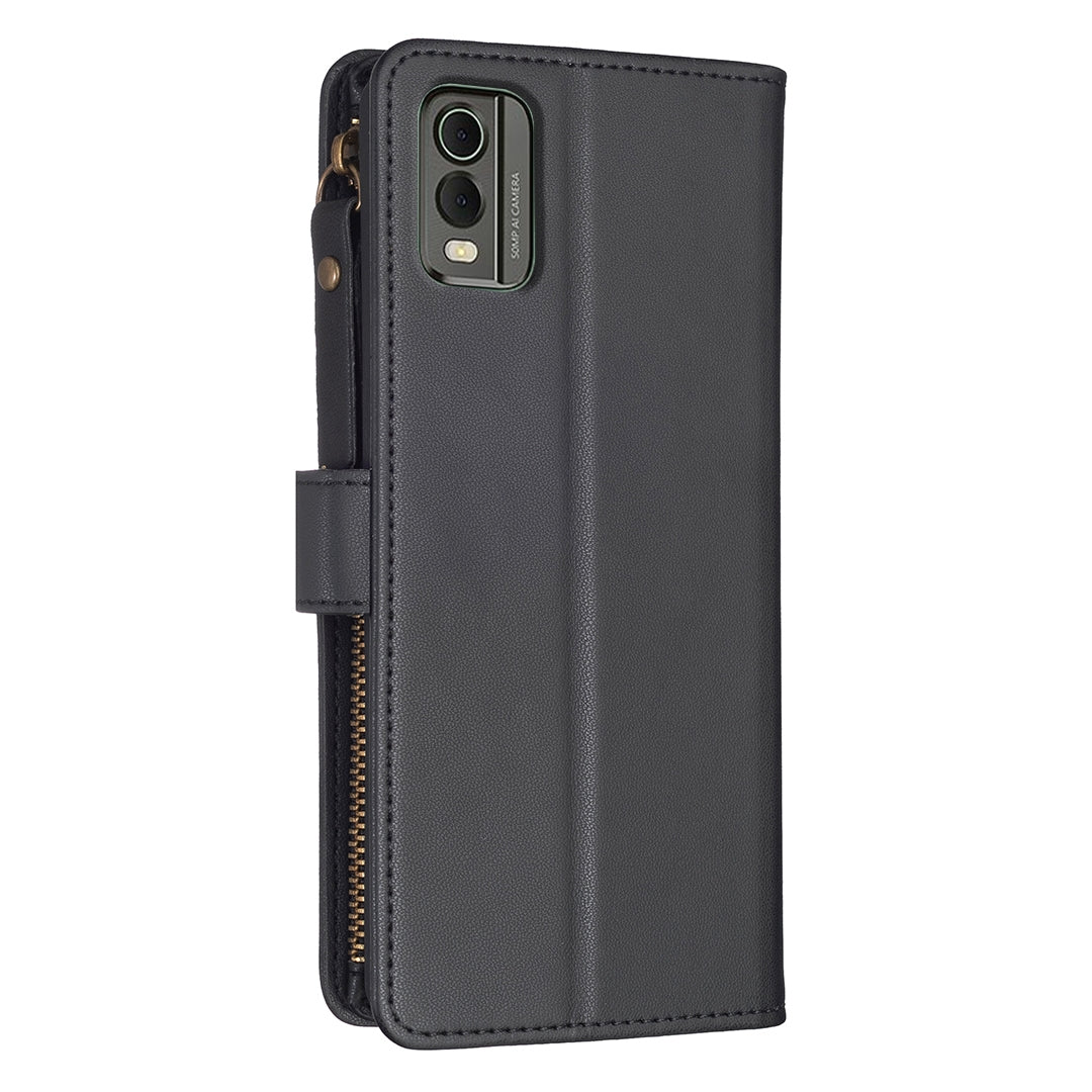 For Nokia C32 Leather Flip Phone Case with Zipper Wallet and 9 Card Slots, Durable PU + TPU Material