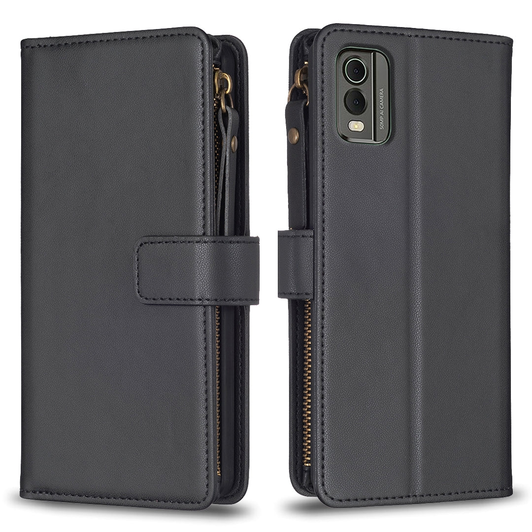For Nokia C32 Leather Flip Phone Case with Zipper Wallet and 9 Card Slots, Durable PU + TPU Material
