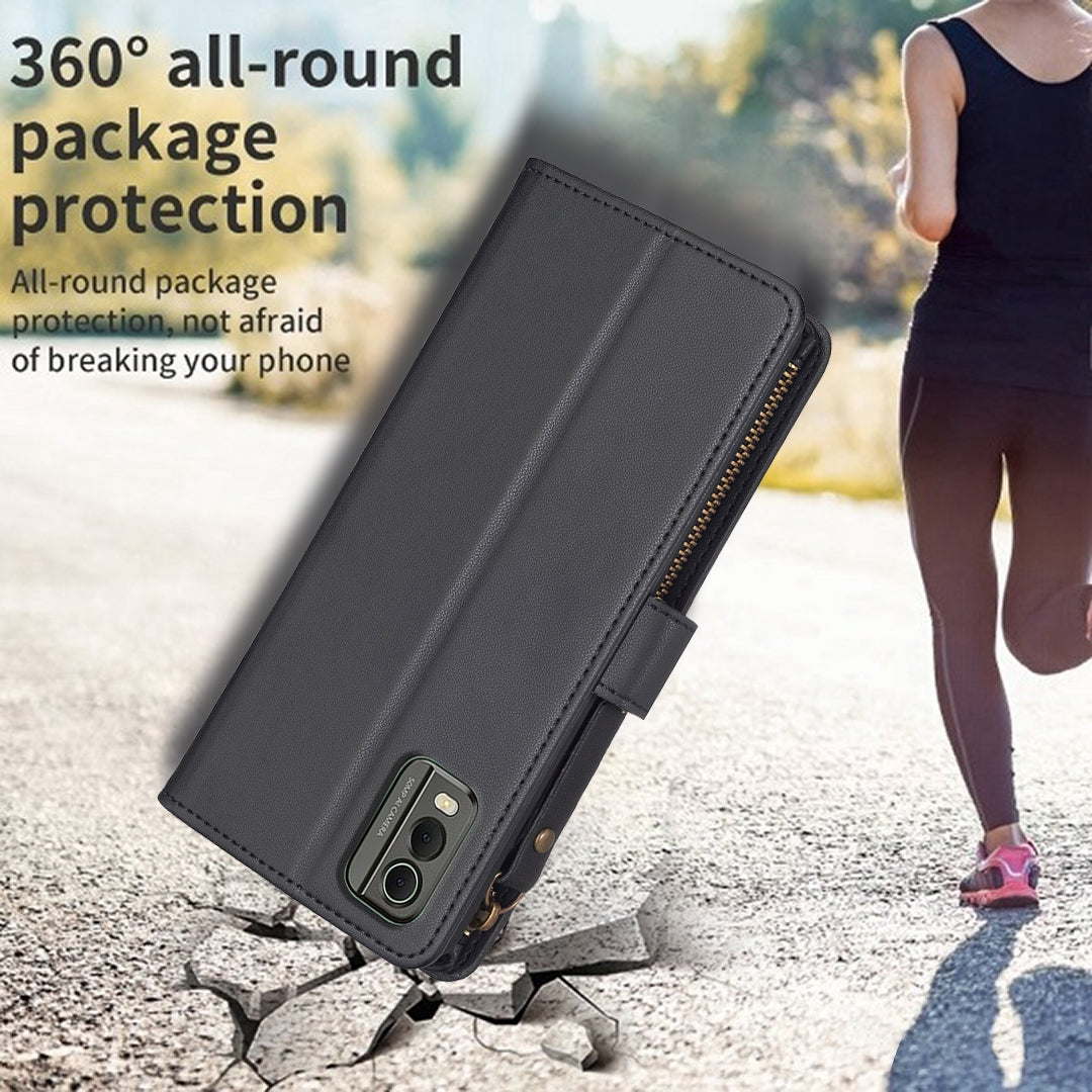 For Nokia C32 Leather Flip Phone Case with Zipper Wallet and 9 Card Slots, Durable PU + TPU Material