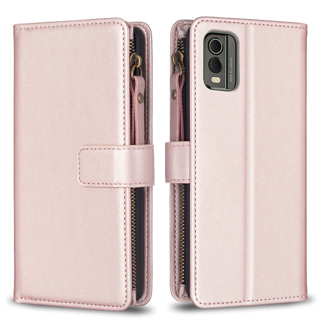 For Nokia C32 Leather Flip Phone Case with Zipper Wallet and 9 Card Slots, Durable PU + TPU Material