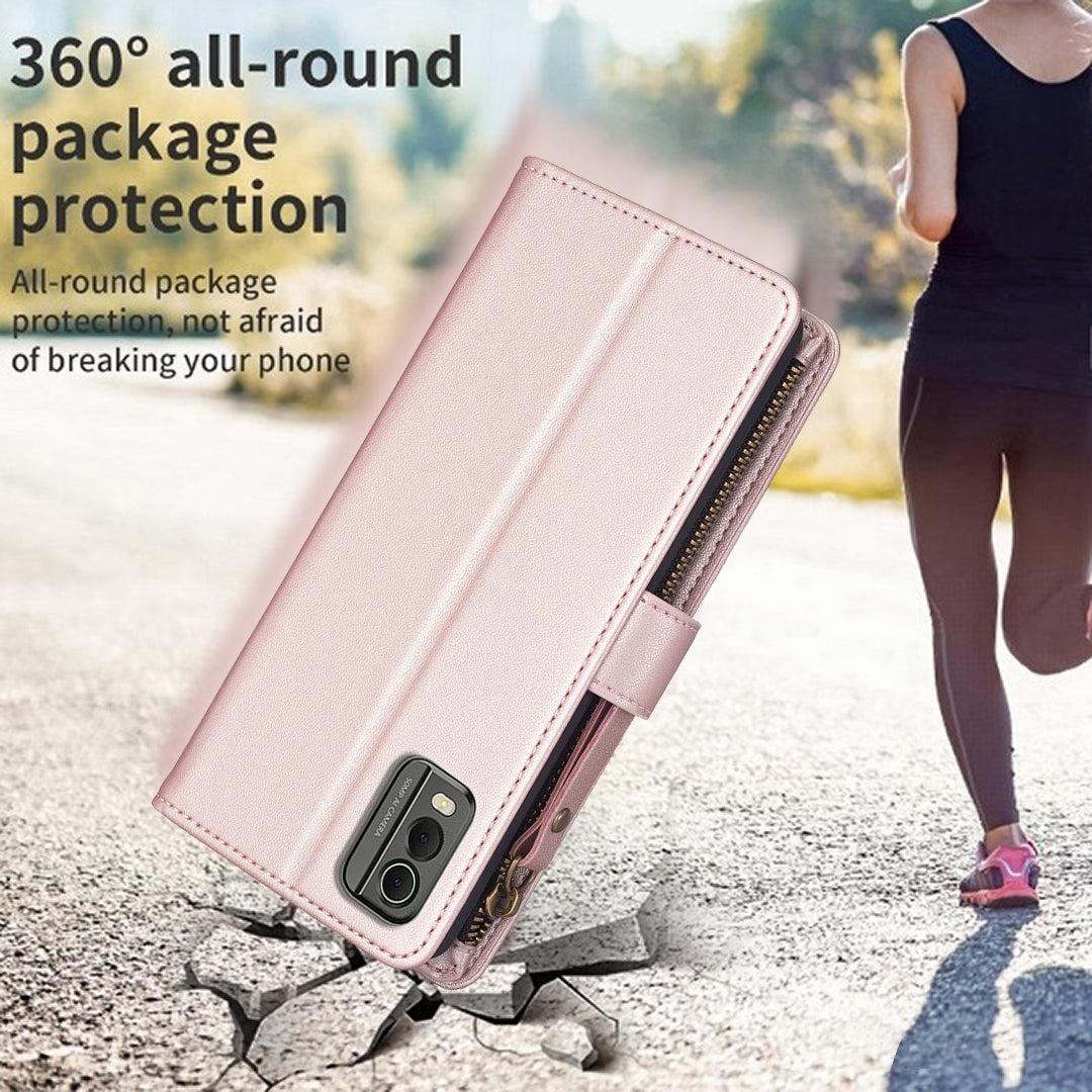 For Nokia C32 Leather Flip Phone Case with Zipper Wallet and 9 Card Slots, Durable PU + TPU Material