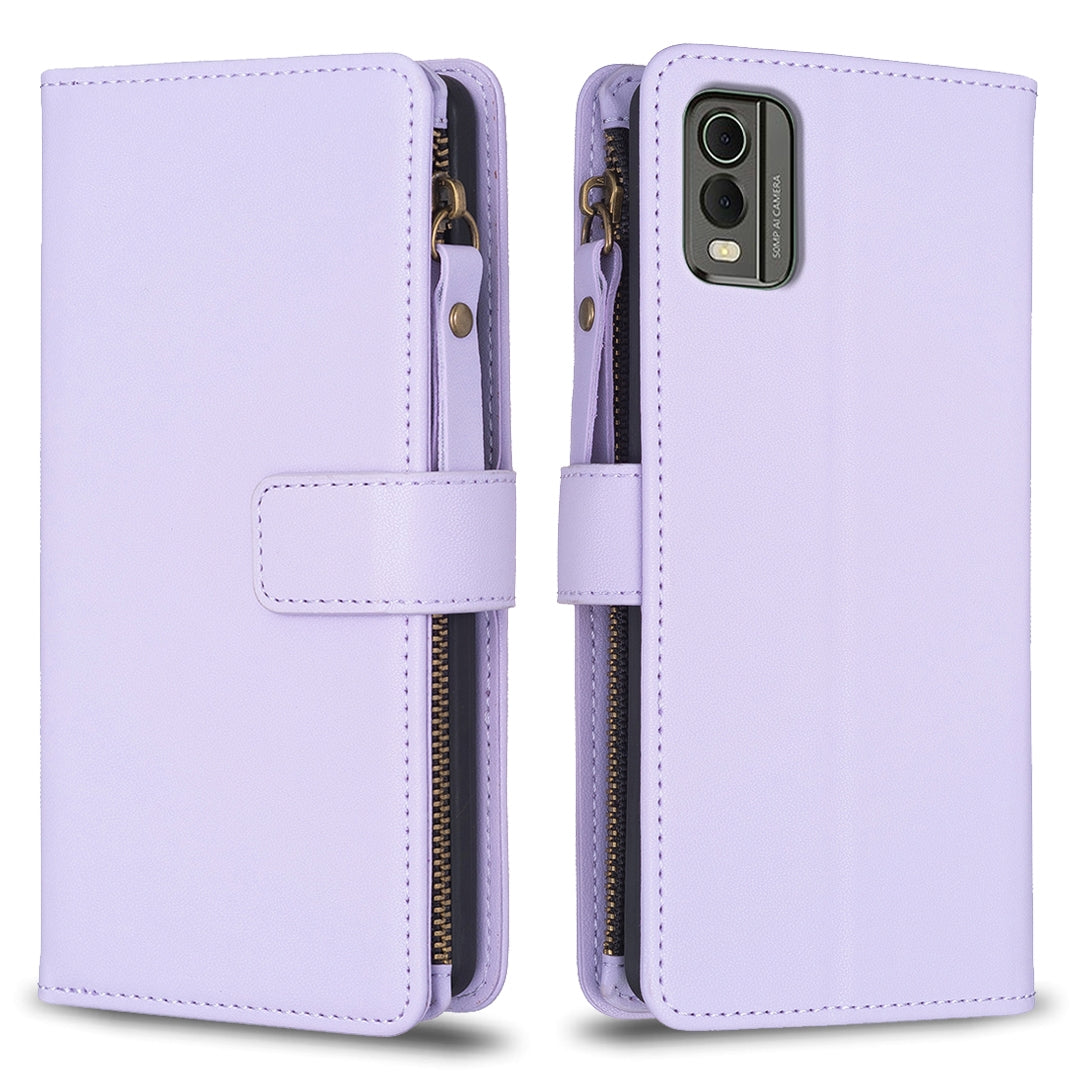 For Nokia C32 Leather Flip Phone Case with Zipper Wallet and 9 Card Slots, Durable PU + TPU Material