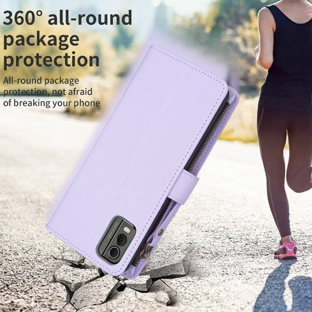 Nokia C32 Leather Flip Phone Case with Zipper Wallet and 9 Card Slots, Durable PU + TPU Material