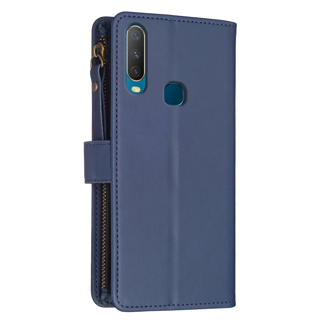 For vivo Y11 Leather Flip Phone Case with Zipper Wallet and 9 Card Slots, Durable PU + TPU Material