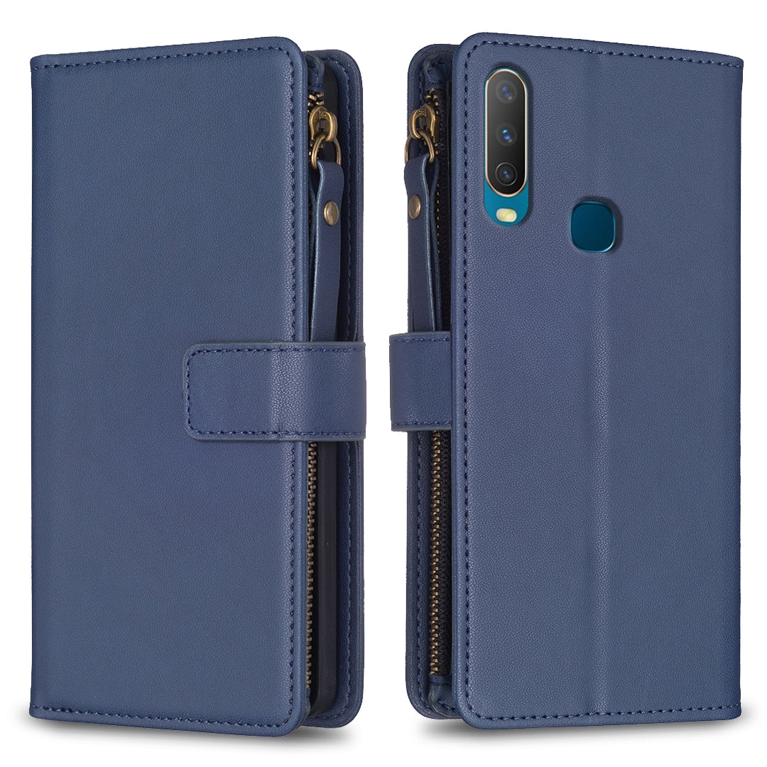 For vivo Y17 Leather Flip Phone Case with Zipper Wallet and 9 Card Slots, Durable PU + TPU Material