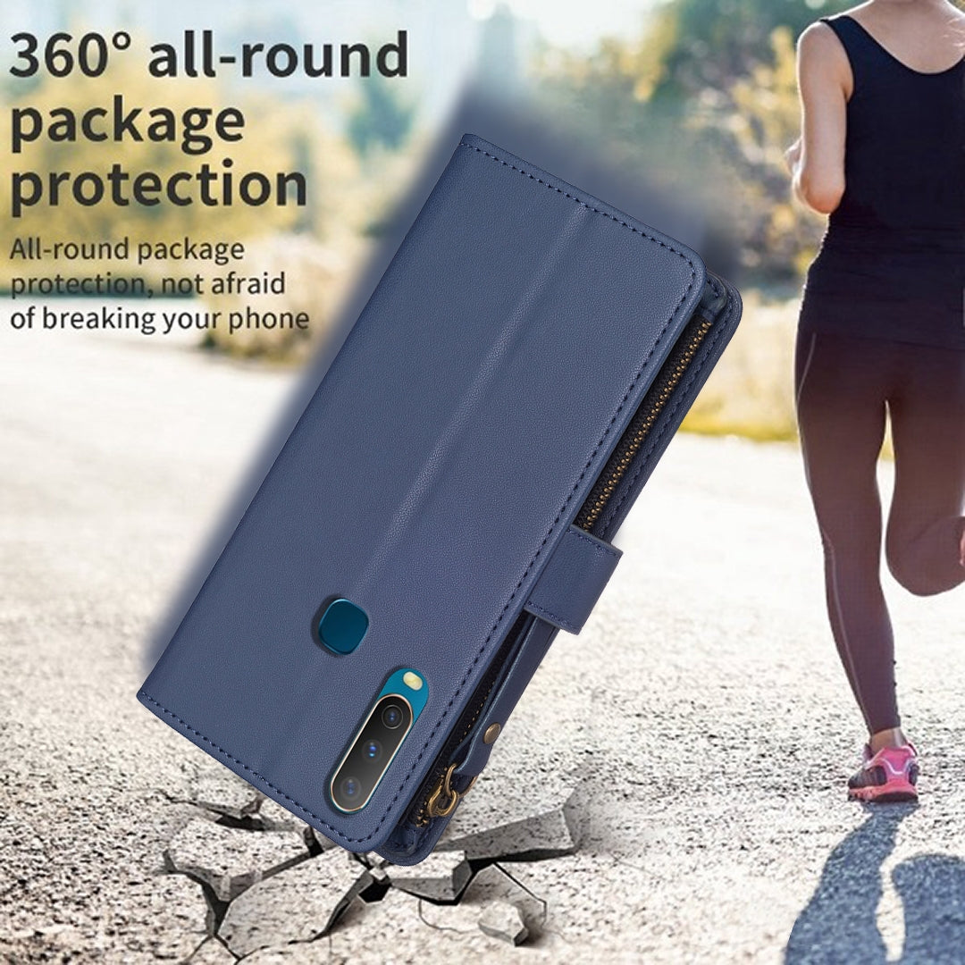 For vivo Y17 Leather Flip Phone Case with Zipper Wallet and 9 Card Slots, Durable PU + TPU Material
