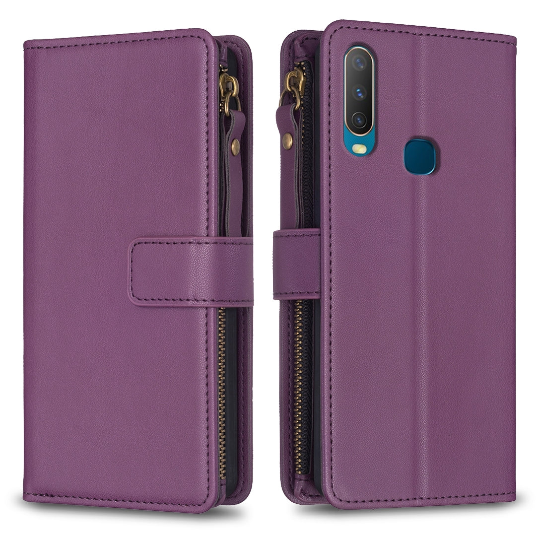For vivo Y17 Leather Flip Phone Case with Zipper Wallet and 9 Card Slots, Durable PU + TPU Material