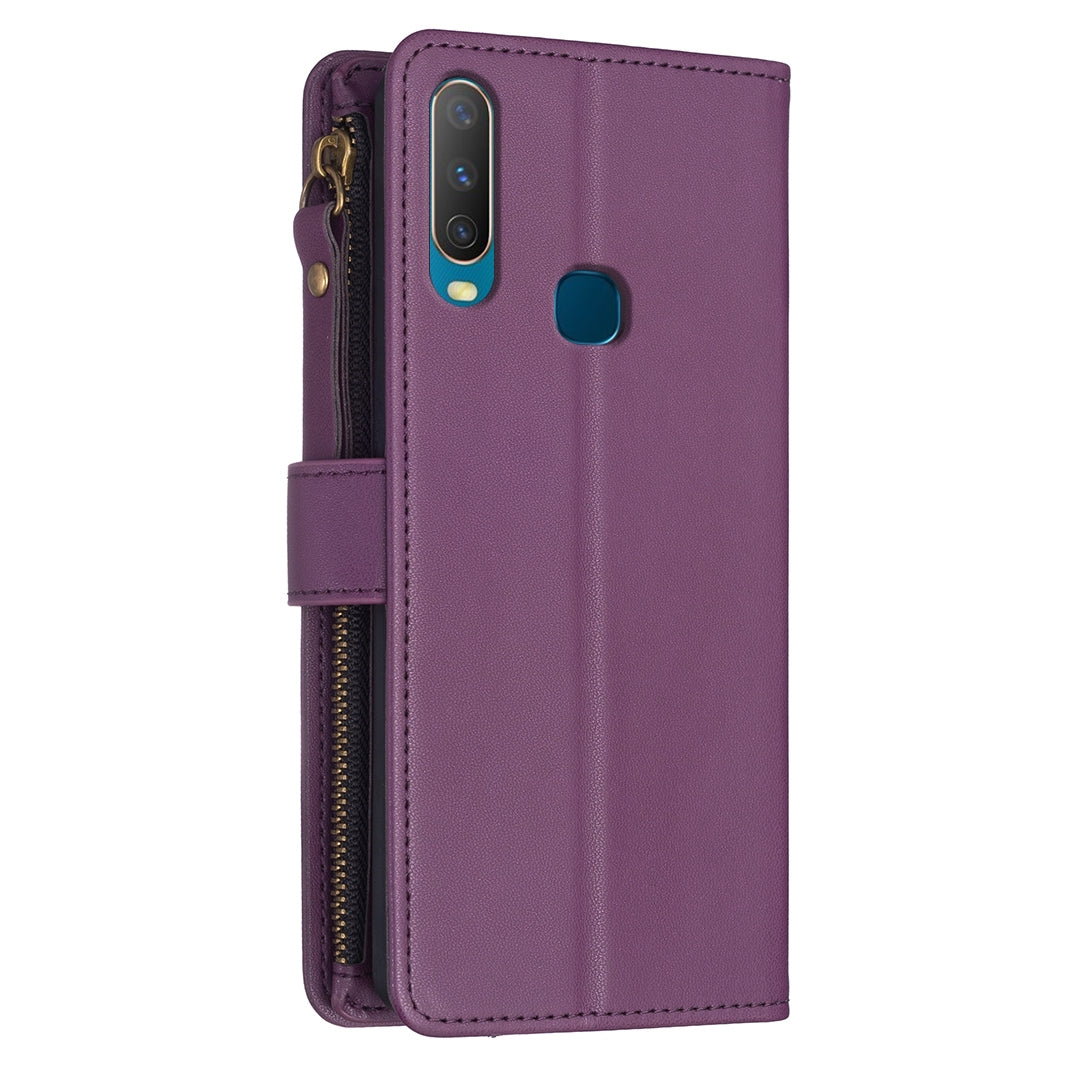 For vivo Y17 Leather Flip Phone Case with Zipper Wallet and 9 Card Slots, Durable PU + TPU Material