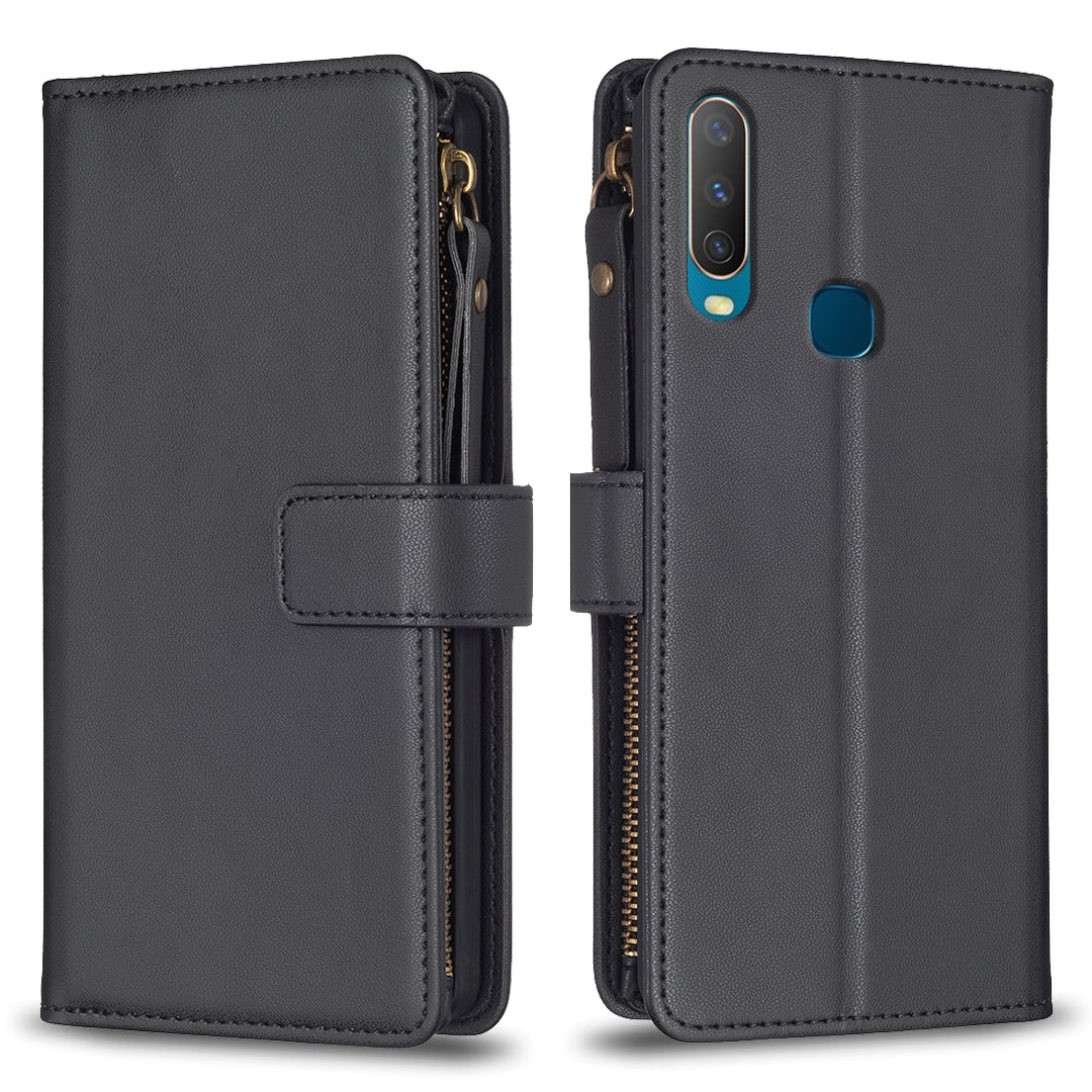 For vivo Y17 Leather Flip Phone Case with Zipper Wallet and 9 Card Slots, Durable PU + TPU Material
