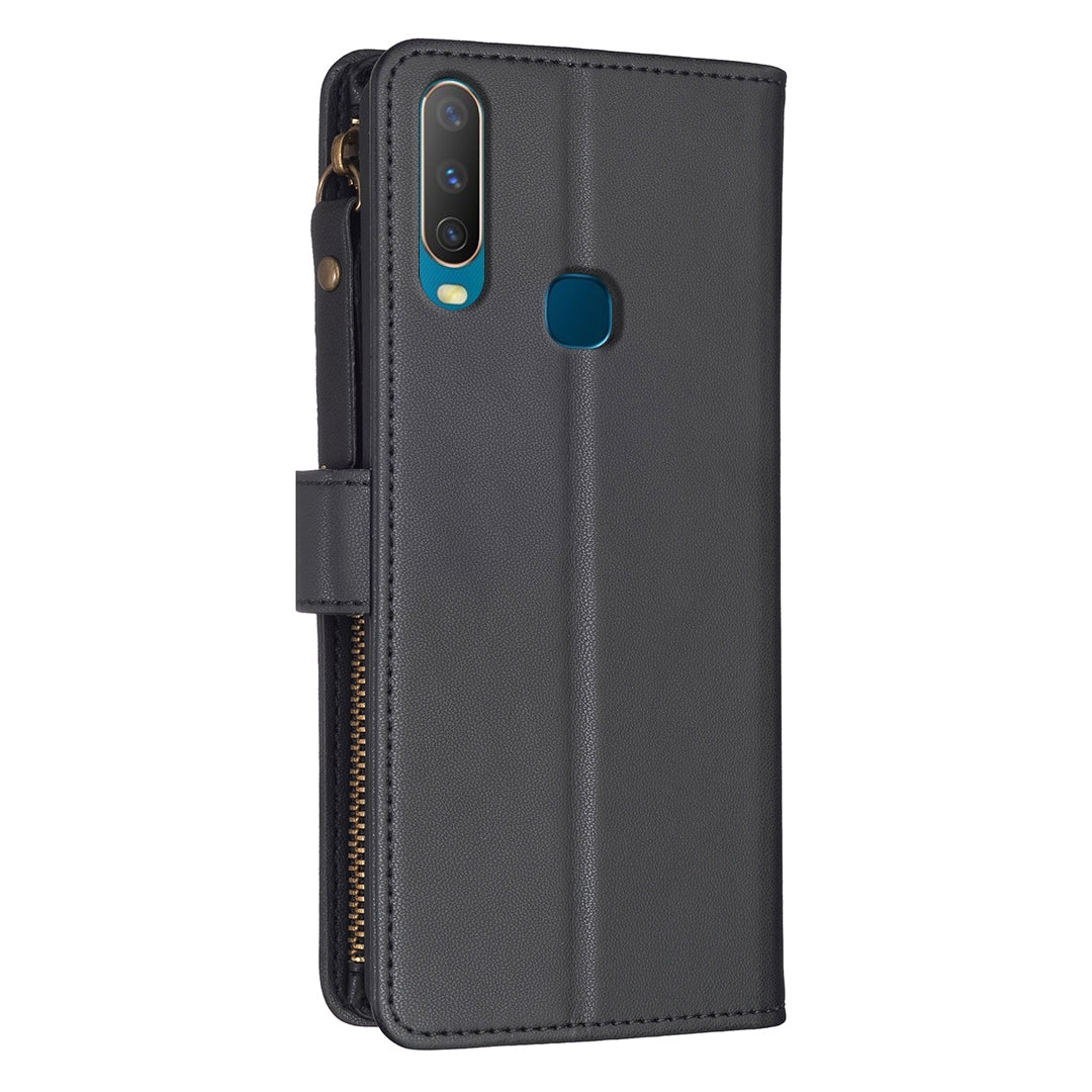 For vivo Y17 Leather Flip Phone Case with Zipper Wallet and 9 Card Slots, Durable PU + TPU Material