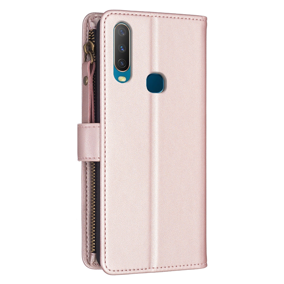 For vivo Y17 Leather Flip Phone Case with Zipper Wallet and 9 Card Slots, Durable PU + TPU Material