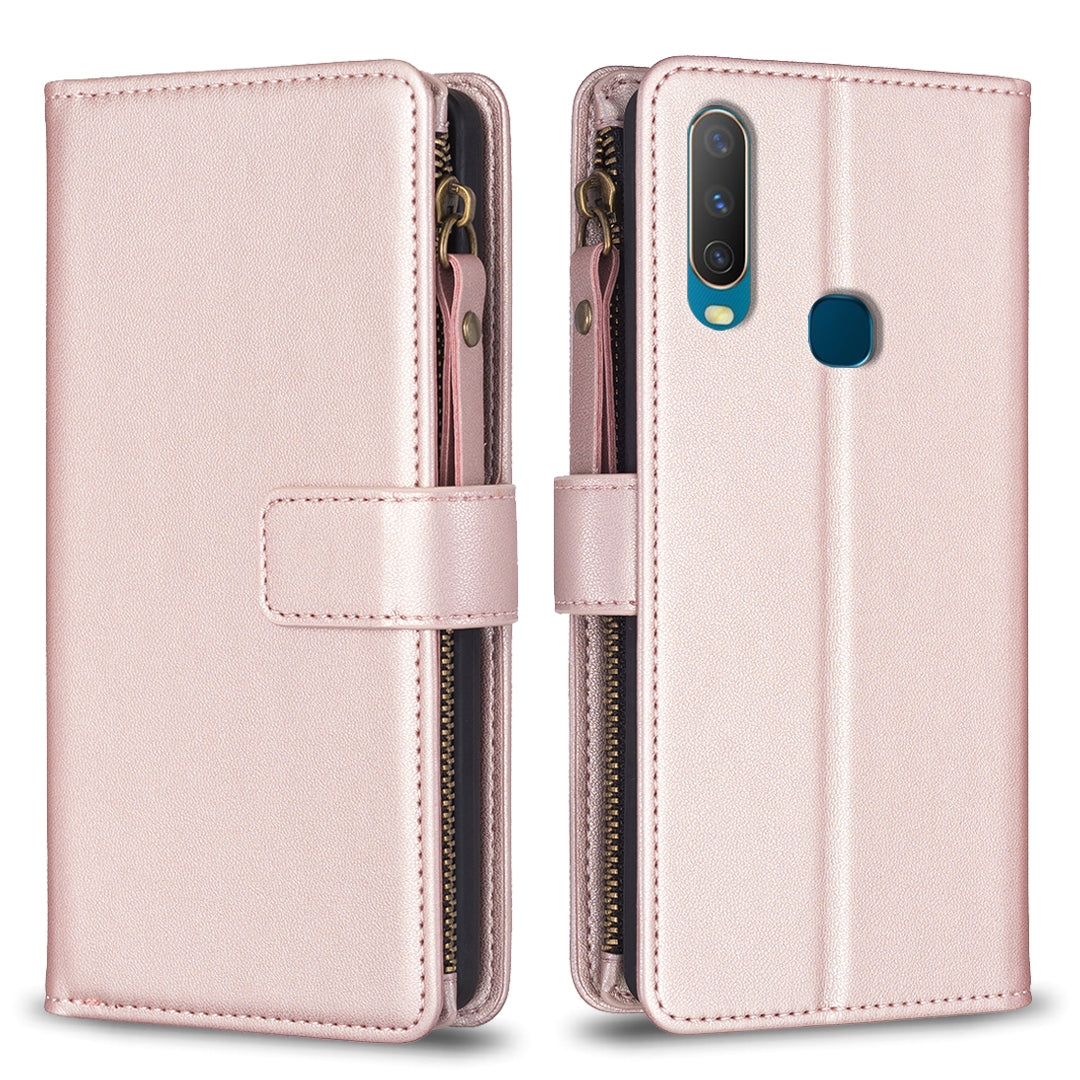 For vivo Y15 Leather Flip Phone Case with Zipper Wallet and 9 Card Slots, Durable PU + TPU Material